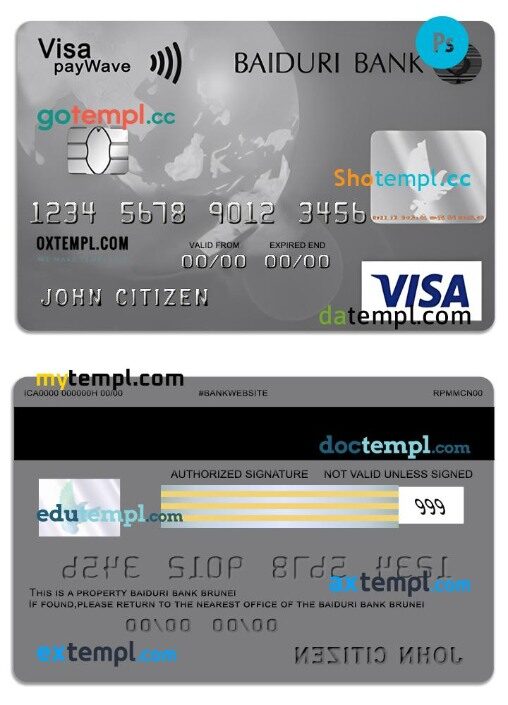 Brunei Baiduri Bank Visa Classic Credit Card template in PSD format