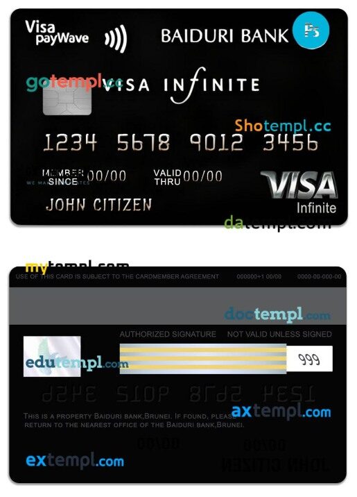 Brunei Baiduri Bank Visa Infinite Credit Card template in PSD format