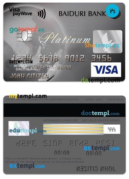 Brunei Baiduri Bank Visa Platinum Credit Card template in PSD format