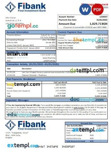 Bulgaria Fibank bank mortgage statement, editable template in PDF and Word