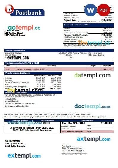 Bulgaria Postbank bank mortgage statement, editable template in PDF and Word