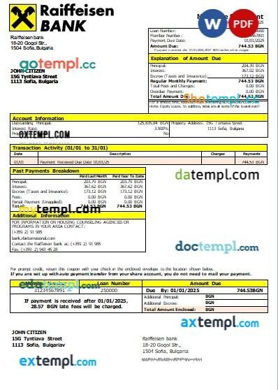 Bulgaria Raiffeisen bank mortgage statement, editable template in PDF and Word