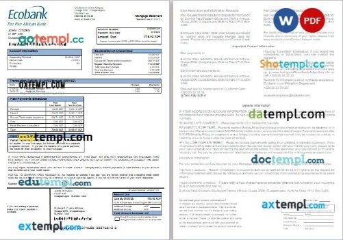 Burkina Faso Ecobank bank mortgage statement, 2 pages, editable template in PDF and Word