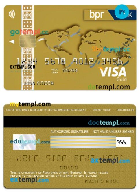 Burundi BPR bank visa gold credit card template in PSD format