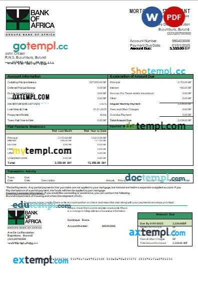 Burundi Bank of Africa bank mortgage statement editable template in PDF and Word