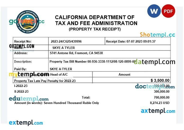 California Department of Tax and Fee Administration property tax bill editable template in Word and PDF formats