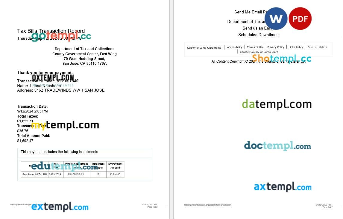 California County Government Center tax bills transaction record editable template in Word and PDF formats