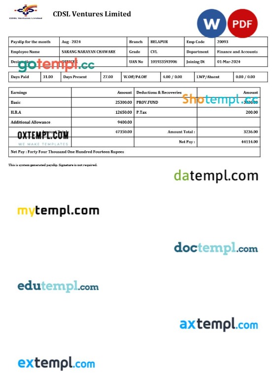 CDSL Ventures Limited payslip template in Word and PDF formats