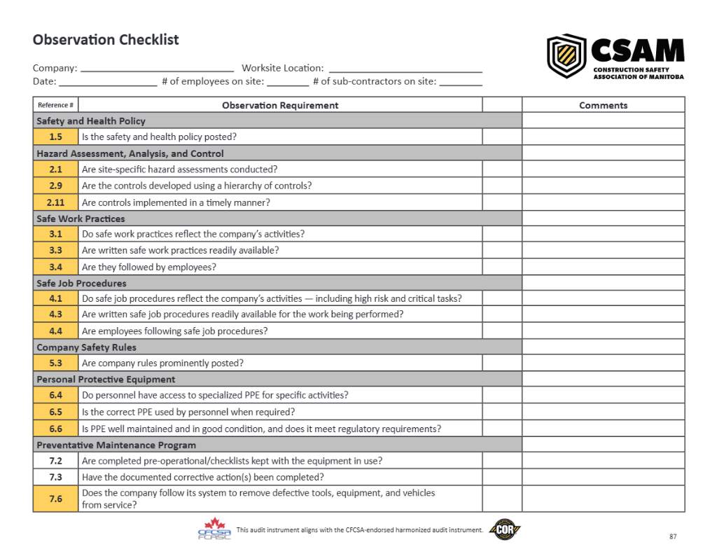 CSAM Observation checklist template in Word and PDF formats, 2 pages