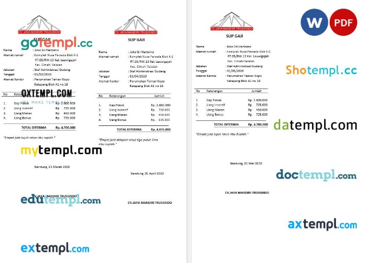 CV. Jaya Mandiri Trussindo building materials store payslip (in Indonesian language) template in Word and PDF formats