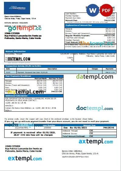 Cabo Verde Banco Inter-Atlântico bank mortgage statement editable template in PDF and Word