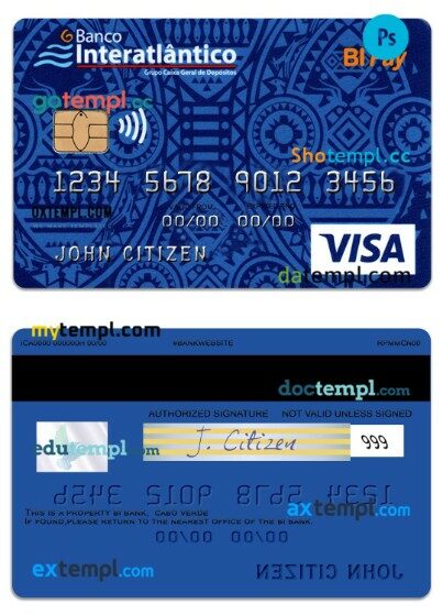 Cabo Verde Banco Interatlantico bank BI Pay visa card template in PSD format