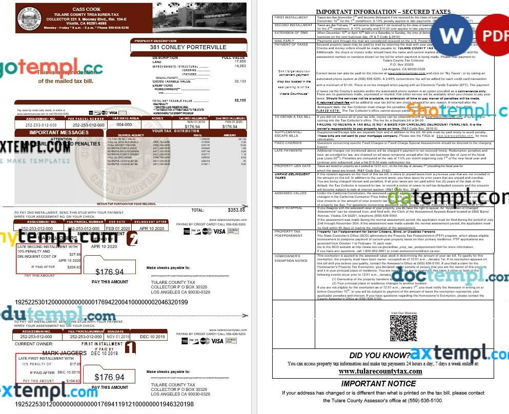 California Tulare County Treasurer tax bill editable template in Word and PDF formats, version 2