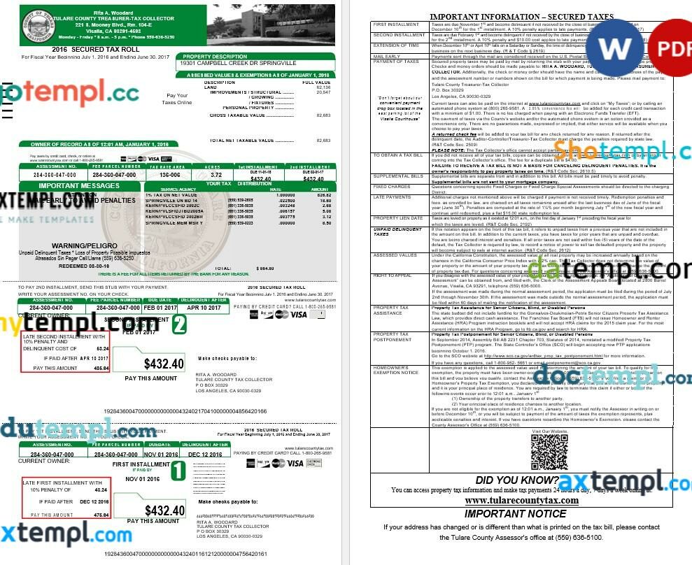 California Tulare County Treasurer tax roll editable template in Word and PDF formats