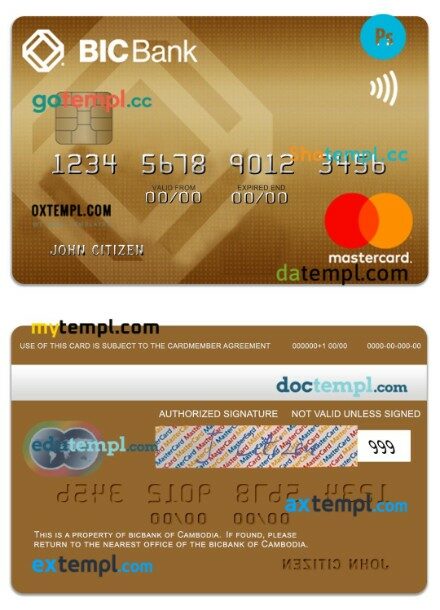 Cambodia BICBank credit gold mastercard template in PSD format