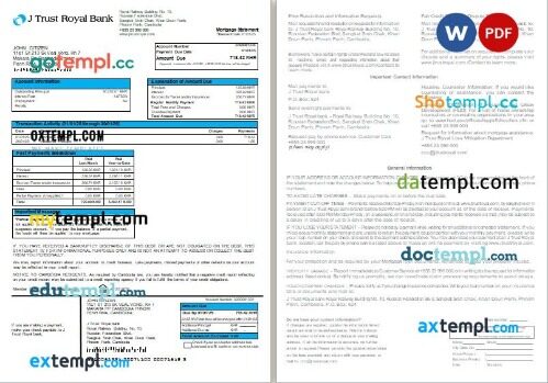 Cambodia J Trust Royal bank mortgage statement, 2 pages, editable template in PDF and Word