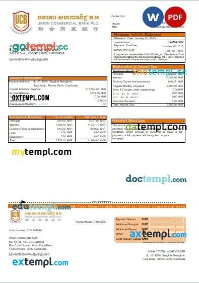 Cambodia Union Commercial bank mortgage statement, editable template in PDF and Word