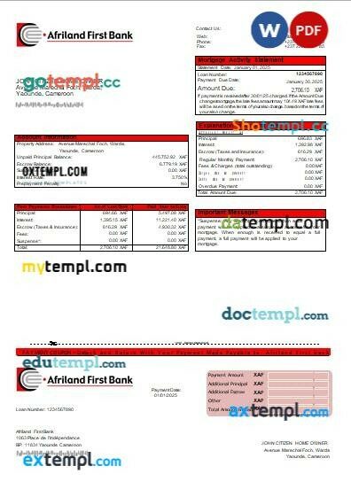 Cameroon Afriland First bank mortgage statement, editable template in PDF and Word