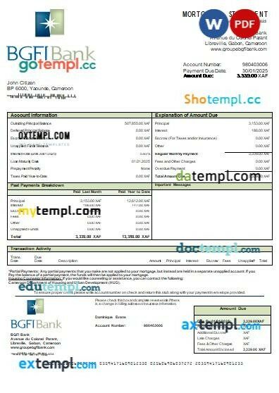 Cameroon BGFI bank mortgage statement, editable template in PDF and Word