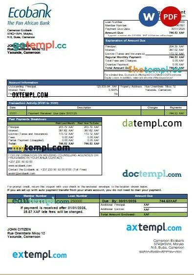 Cameroon Ecobank bank mortgage statement, editable template in PDF and Word