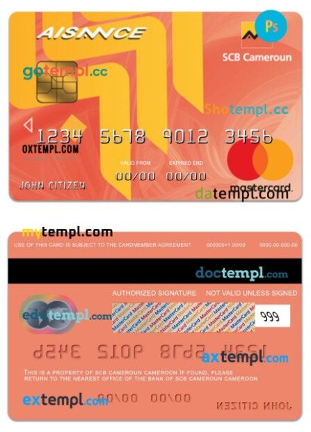 Cameroon SCB bank mastercard aisance card template in PSD format