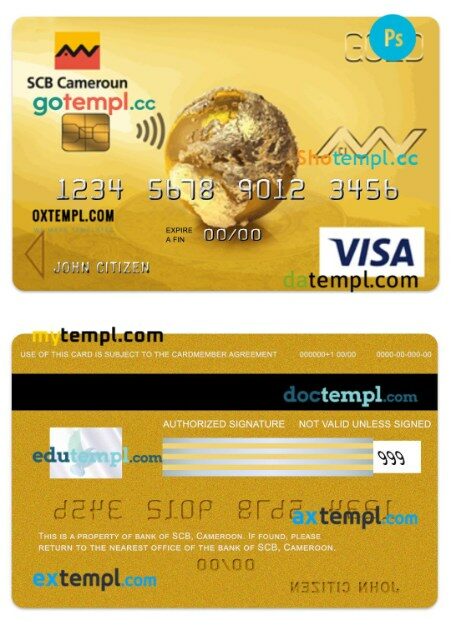 Cameroon SCB bank visa gold card template in PSD format