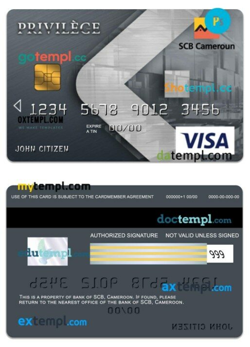 Cameroon SCB bank visa privilege card template in PSD format