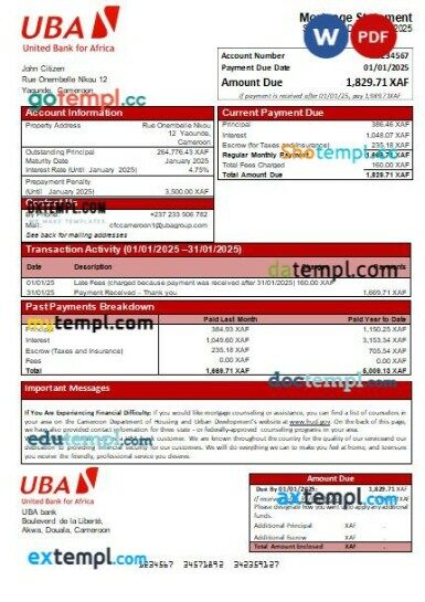 Cameroon UBA bank mortgage statement, editable template in PDF and Word