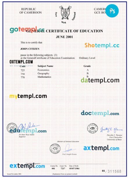 Cameroon general certificate of education template in PSD format