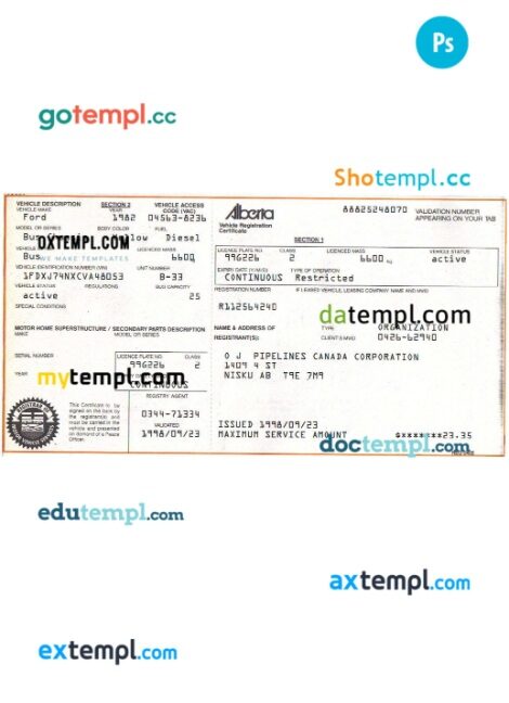 Canada Alberta vehicle registration certificate template in PSD format