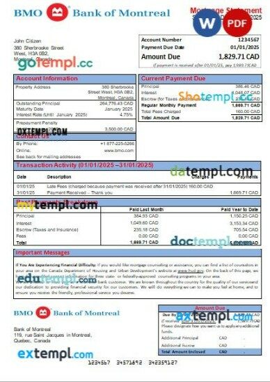 Canada Bank of Montreal bank mortgage statement, editable template in PDF and Word