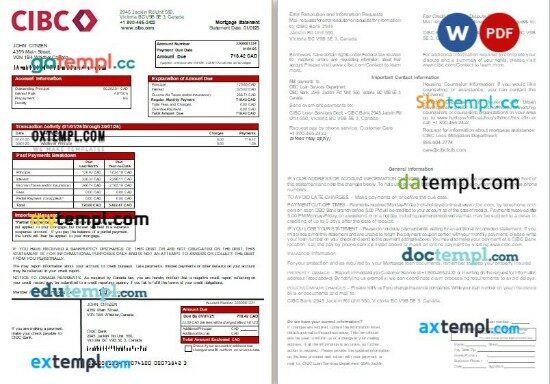 Canada CIBC Bank mortgage statement, 2 pages, editable template in PDF and Word