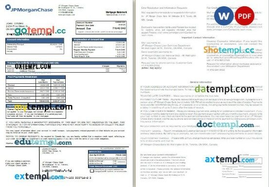 Canada JP Morgan Chase Bank mortgage statement, 2 pages, editable template in PDF and Word