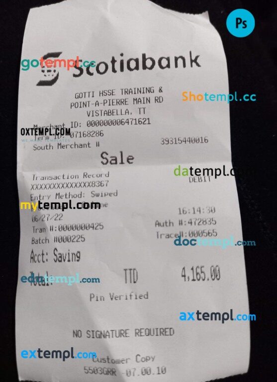 Canada Scotiabank payment receipt PSD template