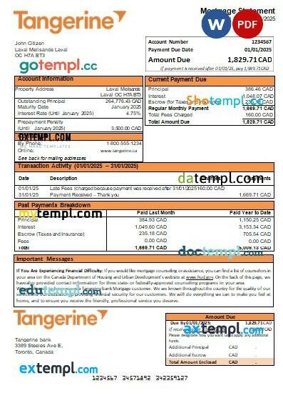 Canada Tangerine bank mortgage statement, editable template in PDF and Word