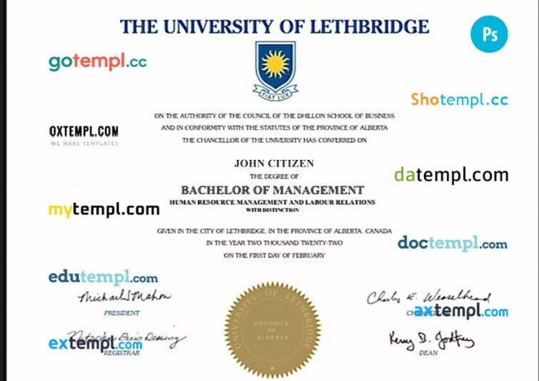 Canada University of Lethbridge diploma template in PSD format