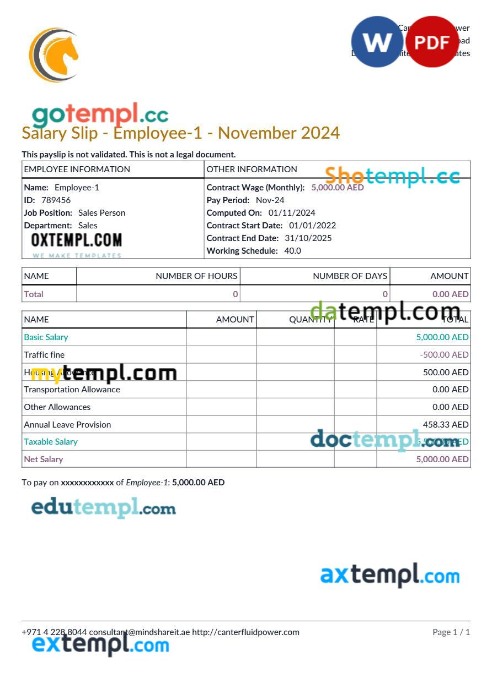 Canter Fluid Power payslip template in Word and PDF formats