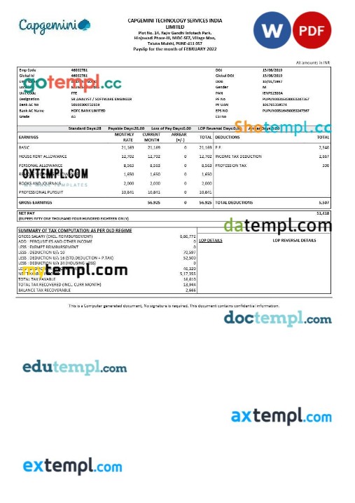 Capgemini Technology Services India payslip template in Word and PDF formats