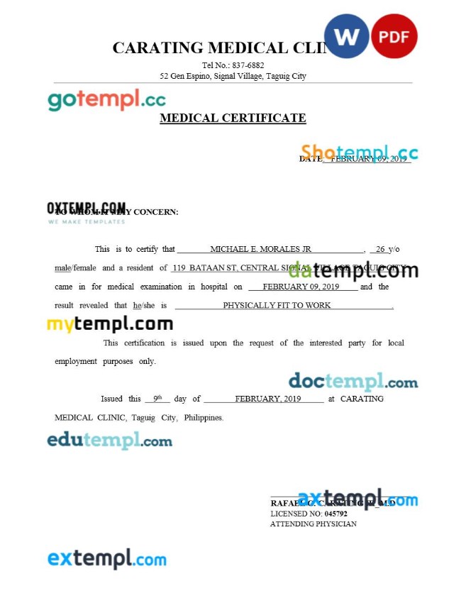 Carating Medical Clinic medical certificate template Word and PDF formats