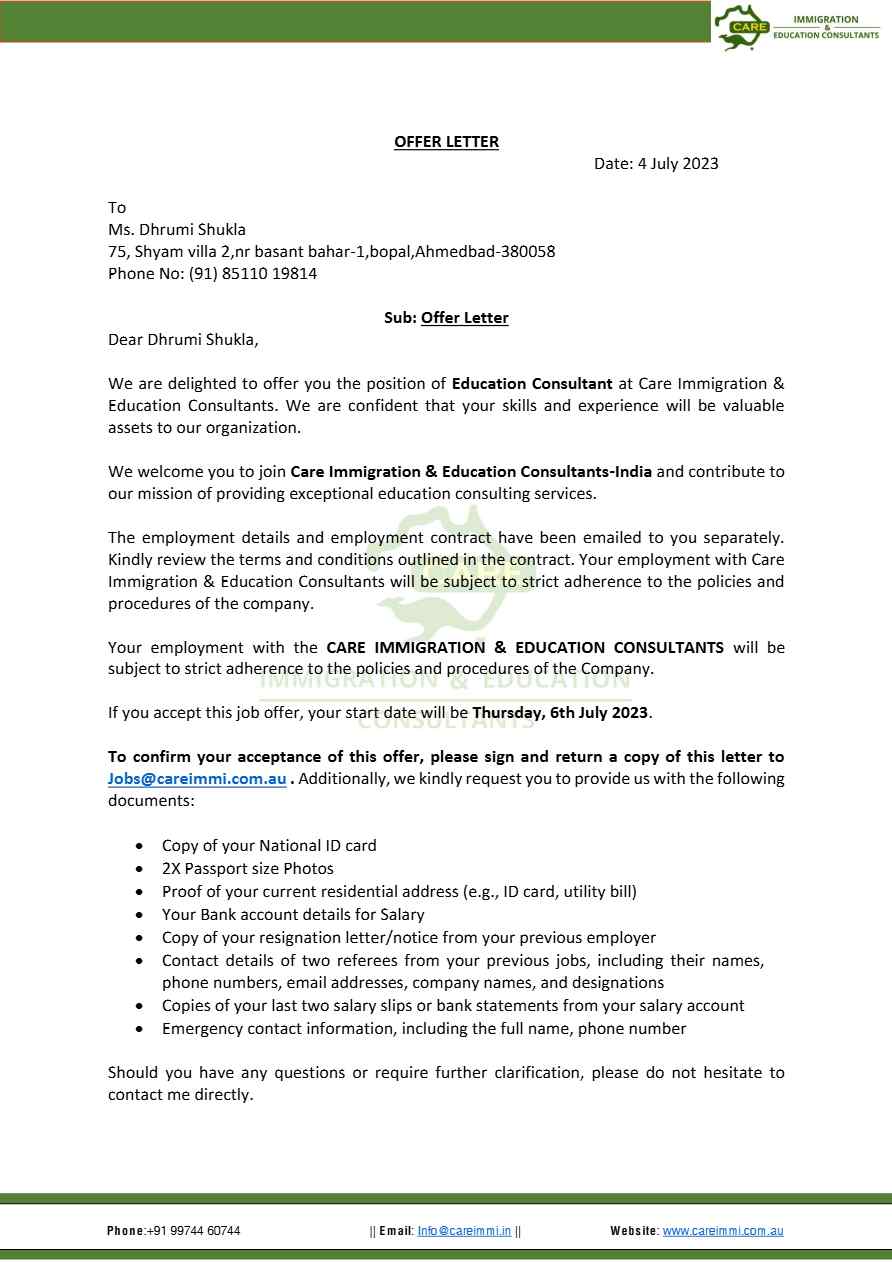 Care Immigration Education Consultant offer letter in Word and Pdf formats