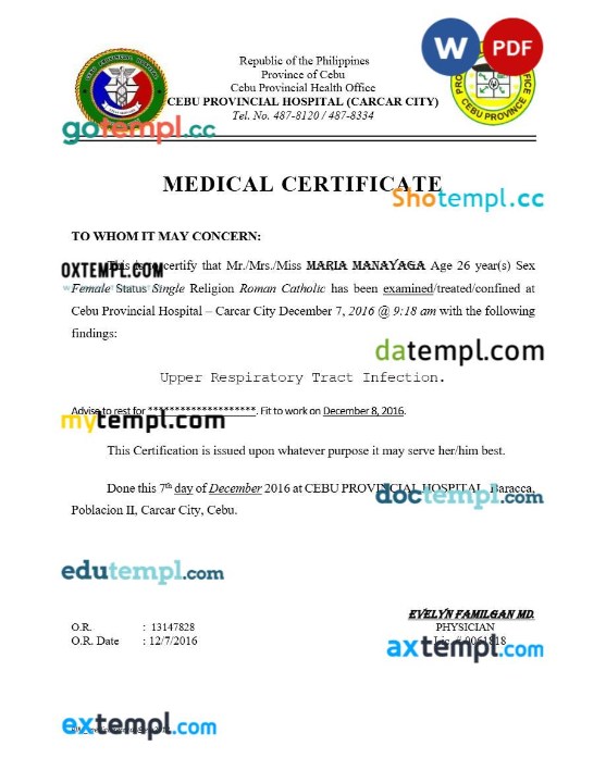 Cebu Provincial Hospital medical certificate template Word and PDF formats