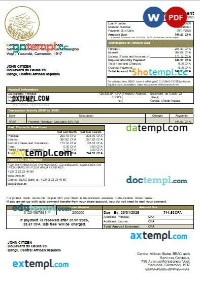 Central African Republic BEAC bank mortgage statement, editable template in PDF and Word