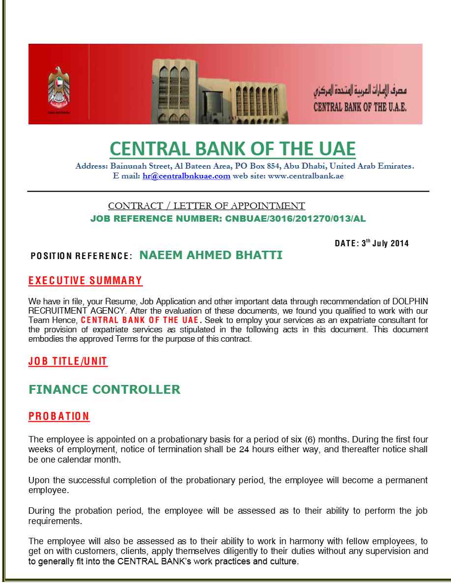 Central bank of the UAE Finance Controller offer letter in Word and Pdf formats