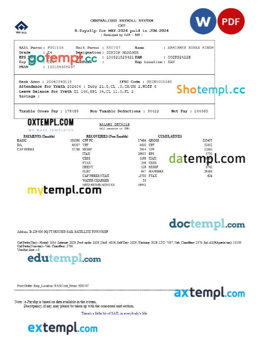 Centralized Payroll System payslip template in Word and PDF formats