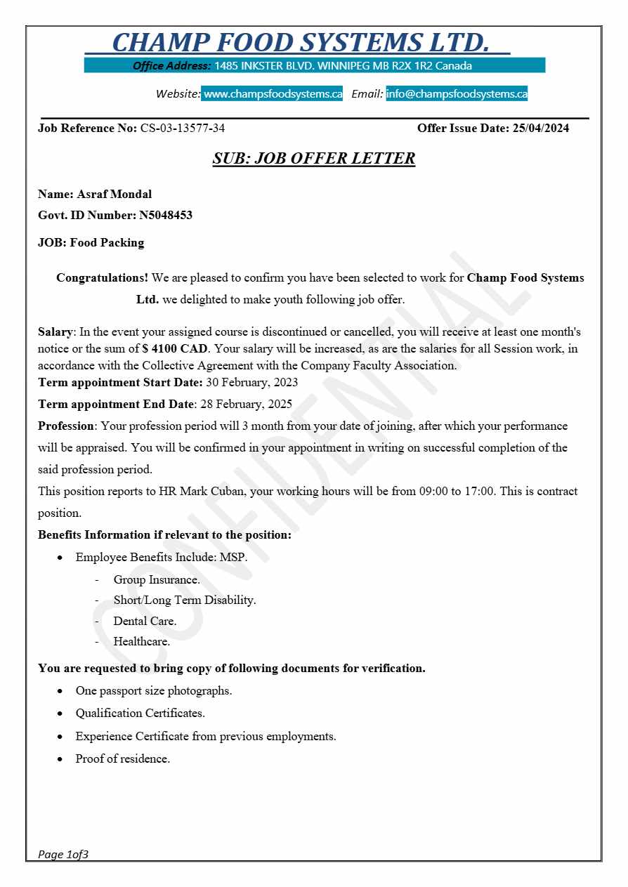 Champ Food Systems Ltd. Food Packing offer letter in Word and Pdf formats