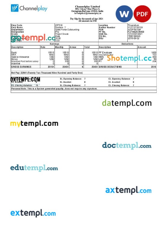 Channelplay payslip template in Word and PDF formats