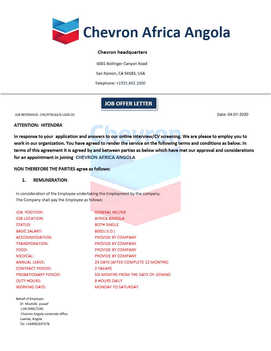 Chevron Africa Angola General Helper offer letter in Word and Pdf formats