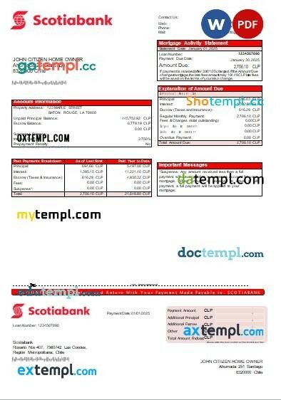 Chile Scotiabank bank mortgage statement, editable template in PDF and Word