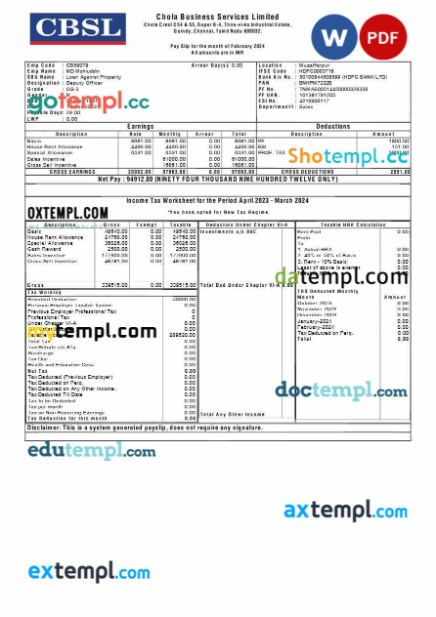 Chola Business Services payslip template in Word and PDF formats