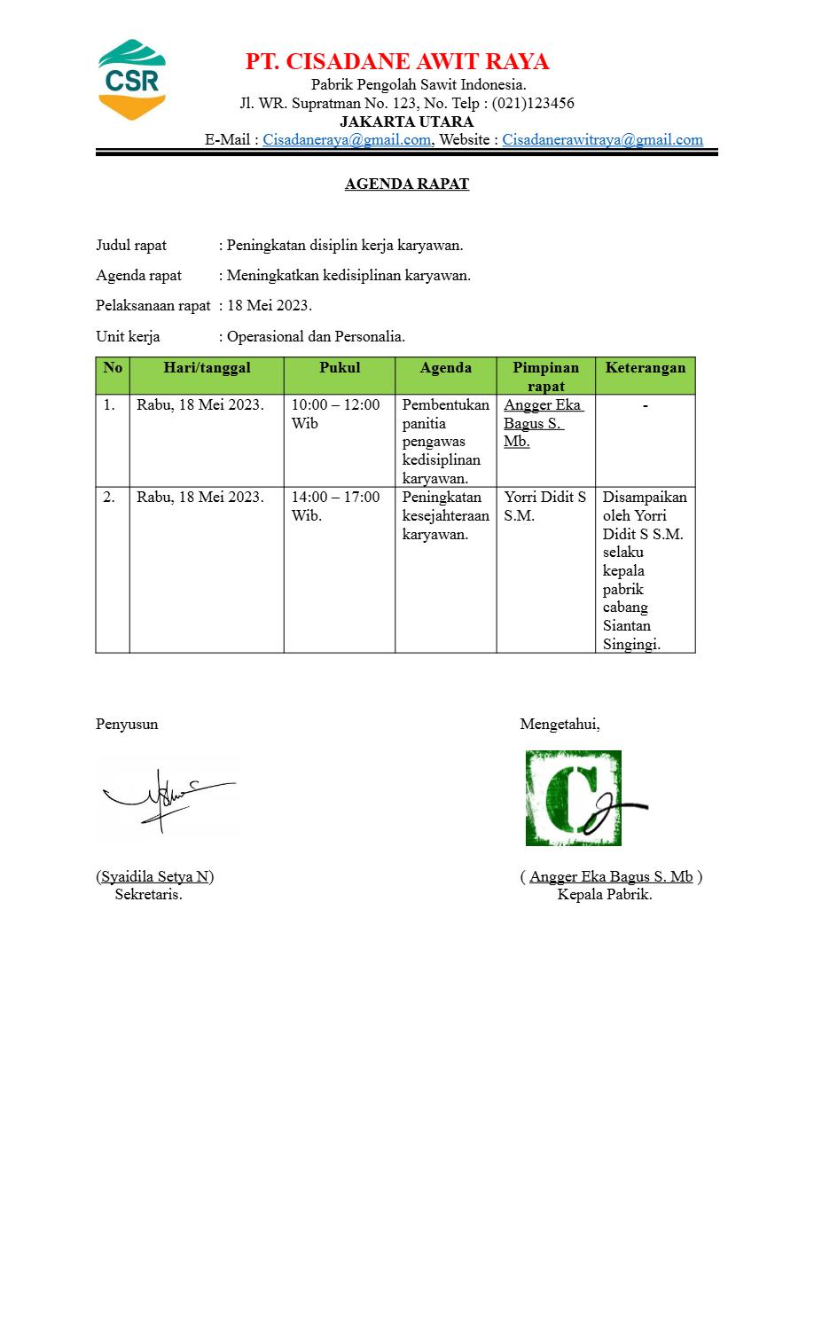 Cisadane Awit Raya Meeting agenda template in Word and PDF formats (indonesian)